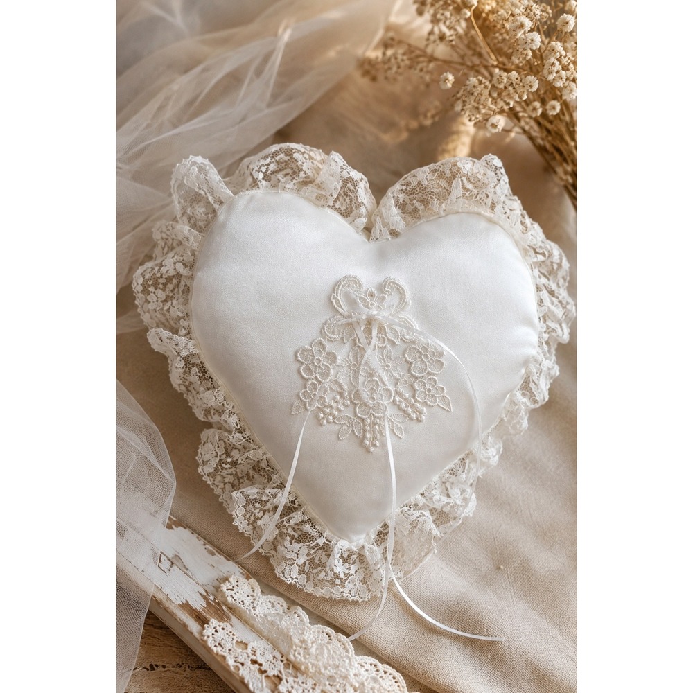 Vintage 1980 Satin Lace Heart Traditional Wedding Ring Bearer Pillow Bridal 8x7